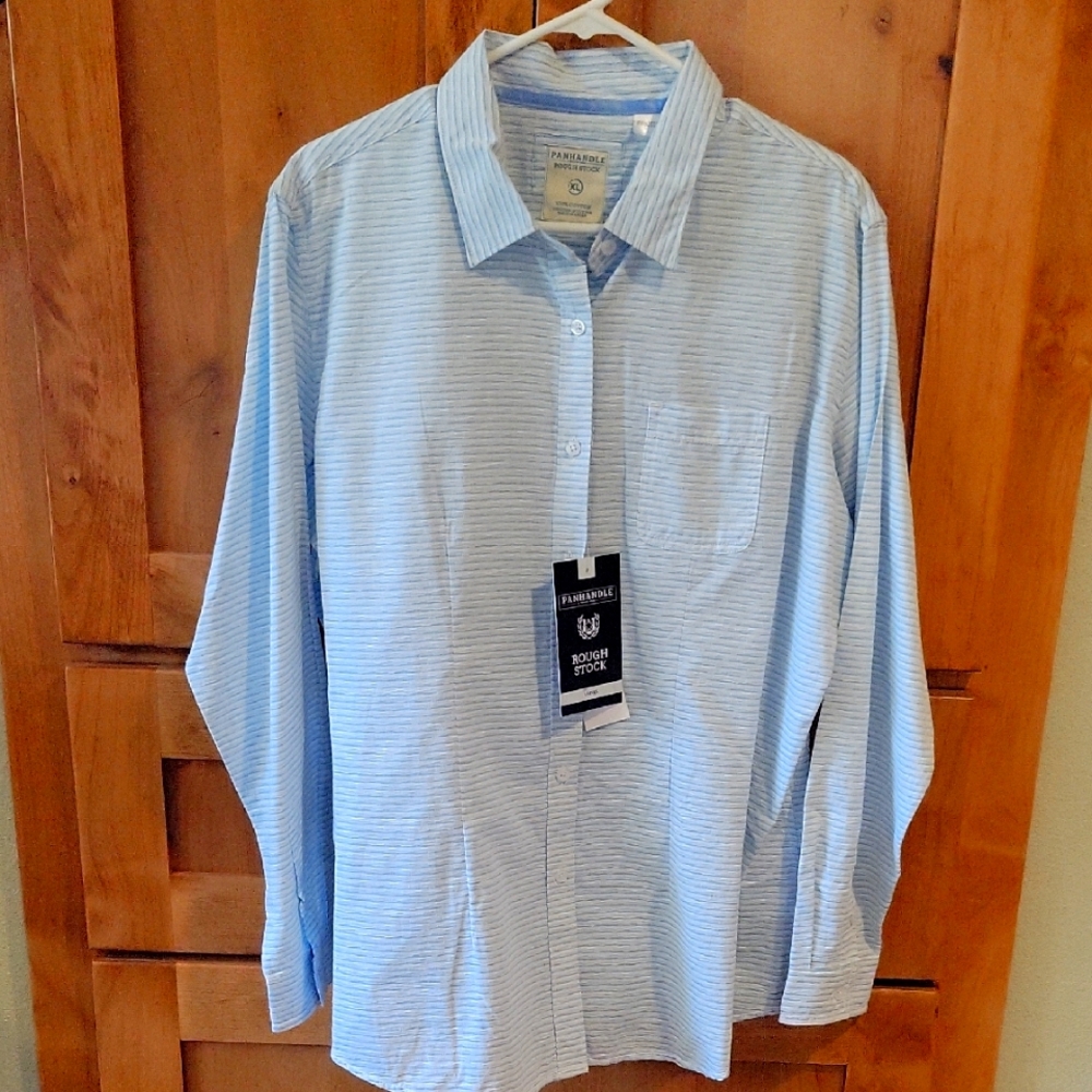 NWT Panhandle Rough Stock Womens Blue Striped Western Shirt